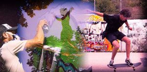 montage photo : jeune qui tague sur un mur et jeune qui fait du skate